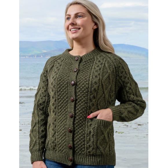 Women's Olive Cable Knit Cardigan - Picture 1 of 9